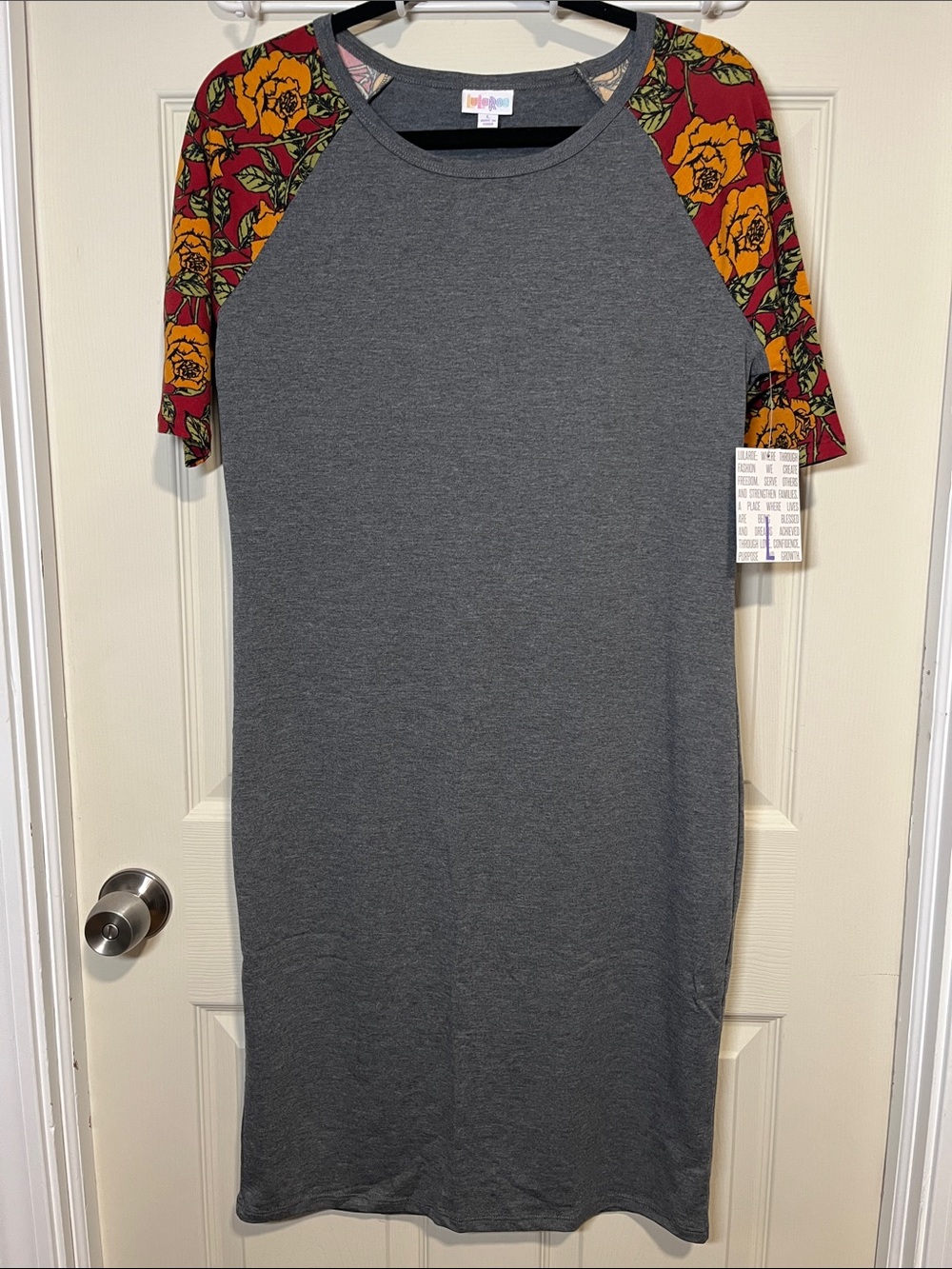LuLaRoe Grey Dress with Red and Yellow Floral Raglan Sleeves